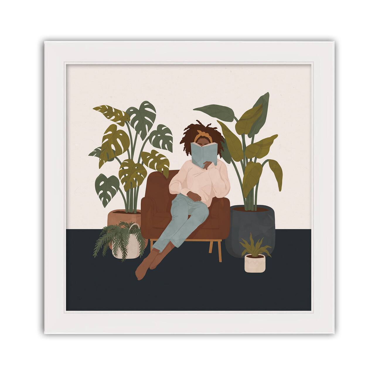 Reading Woman 16" x 16" White Framed Print Under Plexiglass